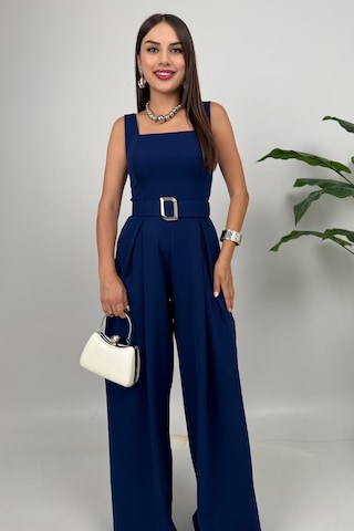 Noir Flow Kadın Lacivert Kemerli Askılı Bol Paça Tulum Zarif Şıklık Lacivert
