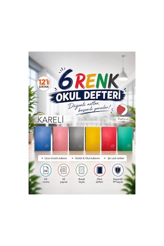 Pp Kapak Spiralli 60 Yaprak A4 Kareli 12 Adet Defter Çok Renkli