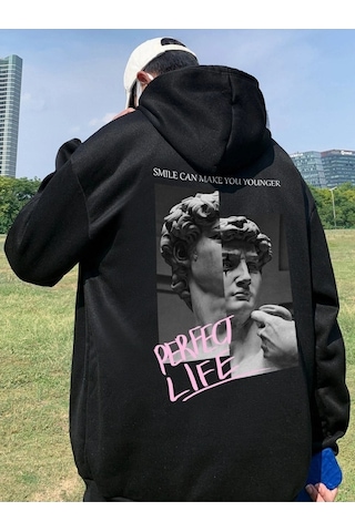 Perfect Life Sweatshirt - Siyah Baskılı Oversize Kapüşonlu Siyah