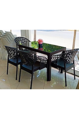 4 Kişilik Bahçe Balkon Masa Takımı 70x120 Cm Camlı Masa Set