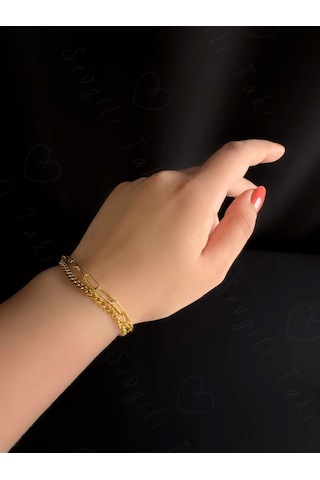 Sevgili Takı Paperclip Gurmet Model İki Zincirli Gold Çelik Bileklik Silver