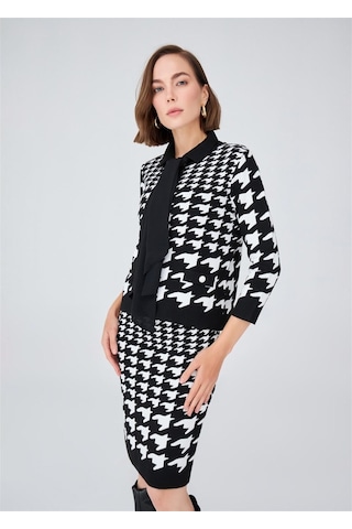 Peraluna Kazayağı Desen Dar Kesim Mini Kadın Triko Etek Siyah Siyah