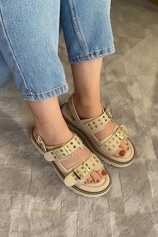Asmi Shoes Kadın Simya Krem Çift Bantlı Kapsül Detaylı Kalın Taban Ortopedik Sandalet Krem Krem