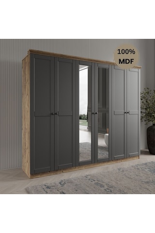 Dali 6 Kapılı Mdf Country Gardırop Antrasit