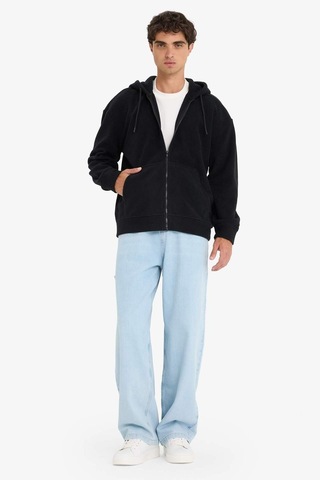 Defacto Boxy Fit Kapüşonlu Fermuarlı Polar Sweatshirt F0074AX25AU Siyah