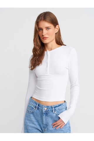 Dilvin 31442 Uzun Kollu Çıtçıt Düğmeli Top-beyaz Beyaz