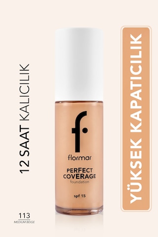 Flormar Perfect Coverage Yoğun Kapatıcı Su Bazlı Fondöten (Sıcak Alt Ton) -113 Medium Beige -8682536058308