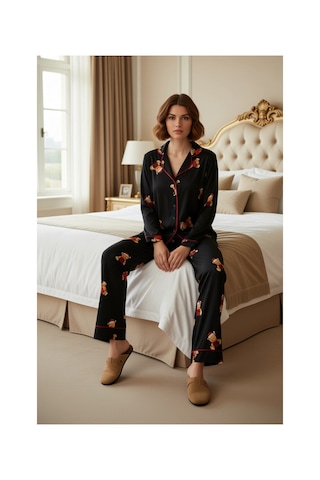Ersefa Kadın Ayıcık Desenli Pijama Takımı Gömlek Yaka Uzun Fonksiyonel D Siyah