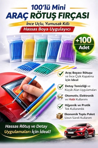 Rötuşboya Araba Oto Kaporta Çizik Tek Kullanımlık Hassas Detaylı Uygulama Rötuş Fırçası Mini 100'lü