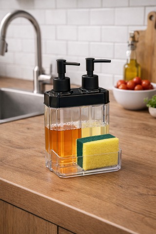 2 Bölmeli Şeffaf Sıvı Sabunluk Ve Süngerlik Mutfak İçin Modern Sabun Dispenseri Gri
