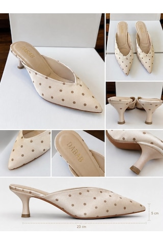 Dabab Shoes Sevılla Puantiye Desenli Bej Saten Sivri Burunlu 5 Cm İnce Topuklu Mule Terlik