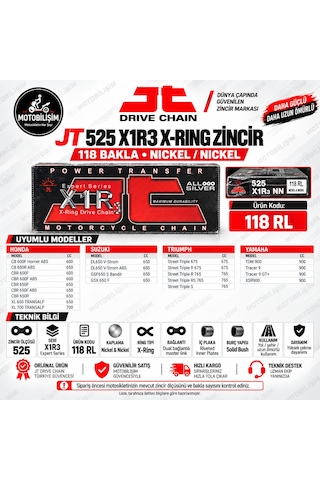 Motosiklet Zinciri 525 X-ring 118 Bakla Nickel Jt X1r3 Güçlendirilmiş Zincir