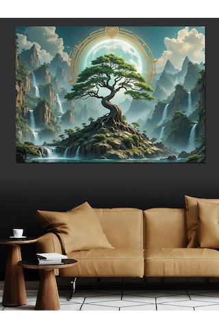 Dağlar Arasında Bonsai Ağacı Dekoratif Kanvas - Mdf Ahşap Tablo