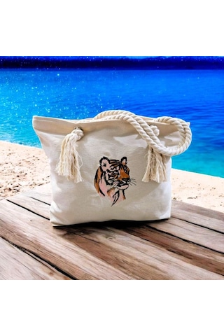 Kaplan Nakışlı Bez Çanta Naturel Ten