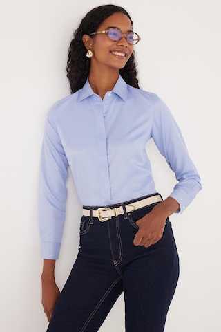 Tudors Kadın Slim Fit Dar Kesim Vucüda Oturan Uzun Kollu Gizli Düğme Detaylı Mavi Basic Gömlek-35556 Mavi