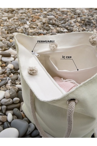 Cüzdan Hediyeli Kadın Plaj Çantası - Krem