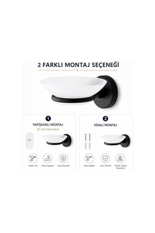 Alper Banyo Sabunluk Siyah, Duvar Tipi, Metal, Yapışkanlı Ve Vidalı Montaj, 35 Mm Oval Bantlı Banyo Aksesuarı Çok Renkli