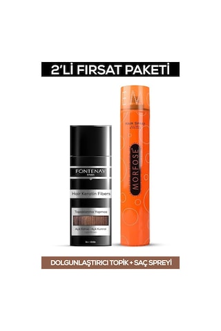 Fontenay Saç Dolgunlaştırıcı Keratin Fibers Açık Kahve Topik Saç Tozu 50gr + Saç Spreyi 400ml 2'li Set 2