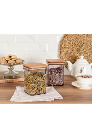 Madame Coco Kaviera 1000ml Ahşap Kapaklı Saklama Kabı 2'li 1ksakl04321000ml-füme Çok Renkli