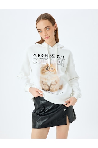 Koton Kapüşonlu Kedi Baskılı Uzun Kollu Rahat Kalıp Sweatshirt Ekru 5sal10480ık Ekru