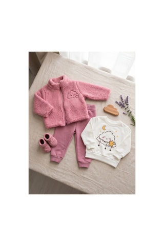 Deniva Kids Kız Bebek Pembe Peluş Hırkalı Bulut Baskılı 3'lü Takım Hırka, Sweatshirt, Eşofman Altı