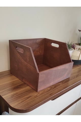 Ahşap Lp Plak Sandığı - Organizer Kutu Kestane Rengi - Wooden Lp Record Box Koyu Kırmızı