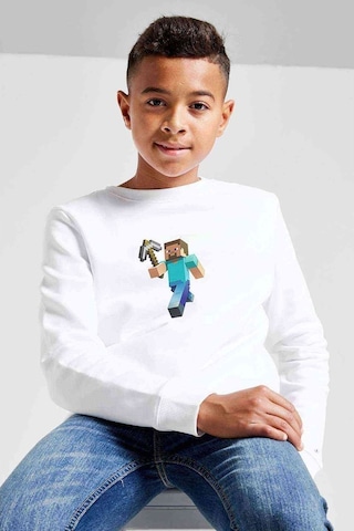 Minecraft Steve Baskılı Unisex Çocuk Beyaz Sweatshirt Beyaz