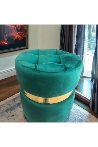 Yaren Home Dizayn Puf Lüks Silinebilir Kumaş Kapitoneli Gold Detaylı Açik Yeşil