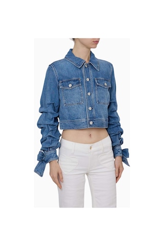 Alice And Olivia Tiff Büzgülü Kollu Kısa Denim Ceket Mavi