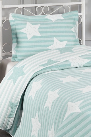 Evlen Home Pedri Yıldız Desenli Pamuklu Tek Kişilik Yatak Örtüsü Pike Takımı 2 Parça Çocuk Yatak Örtüsü Mint