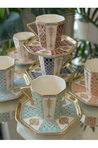 Elta Collection Yeni Altın İşlemeli Desenli 6 Kişilik Porselen Kahvesi Fincan Seti Desenli