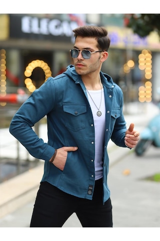 Petrol Renk Kapüşonlu Kot Ceket Petrol