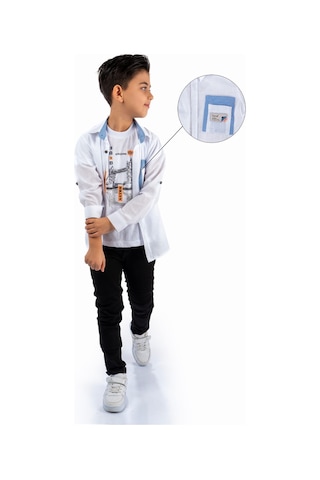 Çift Cepli Gömlek , Pantolon , T-shirt 3parça Pamuklu Erkek Çocuk Takım Mnk965 Beyaz