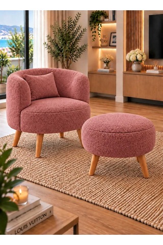 Marbella Teddy Kumaş Berjer Puf Hediyeli, Ahşap Ayaklı Dekoratif Tekli Koltuk Çay Seti Pembe