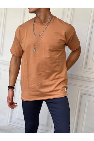 Modefendi Pamuk Likra Yırtmaç Detaylı 2 İplik Oversize Tshirt Hardal