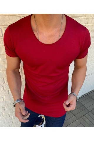 Bybülent Oval Yaka Açık Yaka Erkek Tişört Likralı Slim Fit