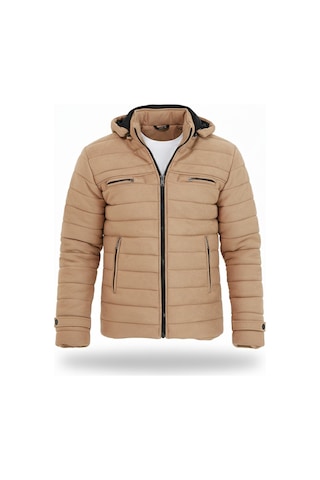 Erkek Vizon Dar Kesim Kapüşonlu Kalın Kumaş Süet Mont Vizon