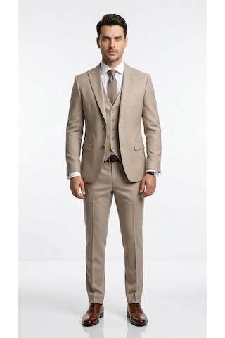 Erkek Slim Fit Takım Elbise Yelekli Modern Kesim Likralı Esnek Kumaş Kırışmaz Şık Düğün Davet Takımı Bej