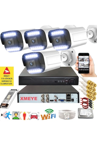 4 Lü Hareket Algılayan 5 Mp Lens 12 Warm Led Gece Renkli Gösteren Güvenlik Kamerası Seti Bs 3312w