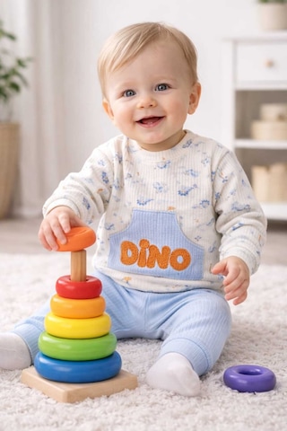 Tenra Dino Kabartma Baskılı Erkek Bebek Takım Cep Detaylı Mavi