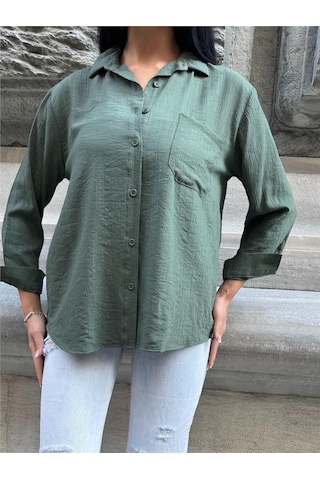 WeShaya Haki Kırışık Oversize %100 Pamuk Gömlek Haki