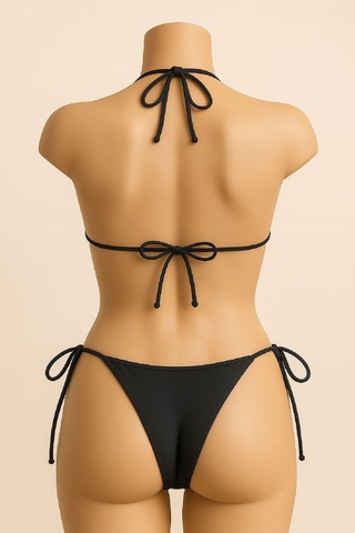 Moda Dua Kadın Siyah Yandan Ve Boyundan Bağlamalı Bikini Mayo Takımı