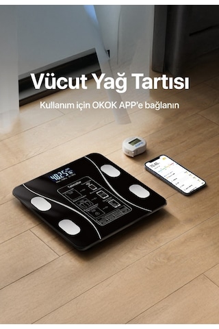 Genz Bilişim Dijital Tartı Baskül Yağ Su Kas Vücut Kitle Endeksi Kilo Ölçer Tartı Siyah