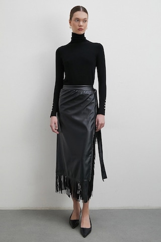 Bağlamalı Püsküllü Deri Etek Siyah Siyah