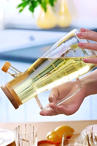 2'li Bambu Kapaklı Cam Yağdanlık Vakumlu Borosilikat Cam Sirkelik Zeytinyağı Şişesi Yağlık 900 Ml.