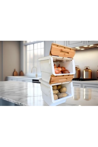 Motek Patetes Soğan Sepeti Oyuncak Kutusu Tekerlekli Organızer Çok Amaçlı Kutu 2x12lt-bambu+krem