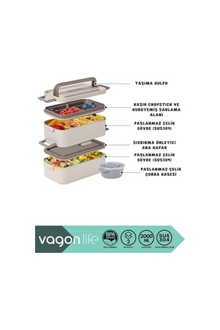 Vagonlife Bento 2000ml Lunchbox 2 Katlı 3 Bölmeli Mini Kaseli Çelik Sefer Tası Yemek Kutusu Kahverengi Genel
