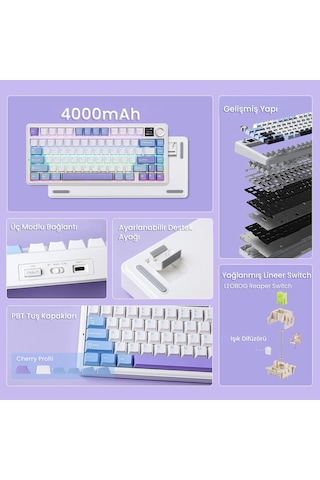 Aula F75 Max Mekanik Rgb Tkl Reaper Switch Kablosuz Makrolu Hot Swap Klavye Mor