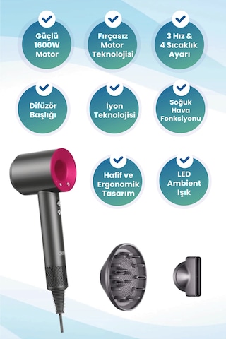 Cf28 Profesyonel İyonik Saç Kurutma Makinesi - Difüzör Başlıklı Sessiz Hızlı Fön