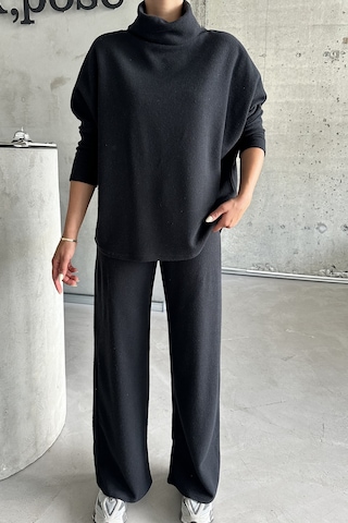 Modagen Kadın Selanik Kumaş Balıkçı Yaka Alt Üst Takım Siyah